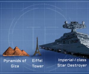 A standard Imperial-I class star destroyer would have been 3 times taller than the Pyramids of Giza